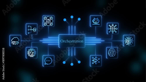 Orchestration Concept with Glowing Blue and Connections on Dark Background Representing Technology and Network Automation