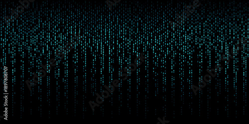 Abstract digital rain of turquoise code cascading down a black background