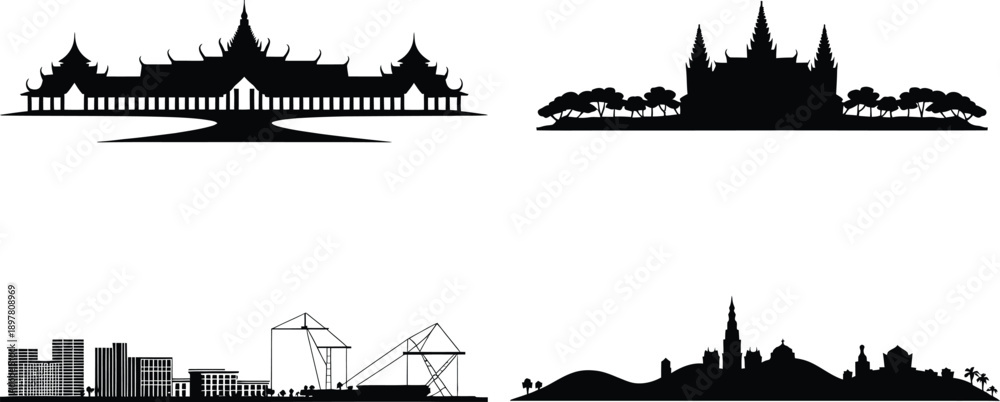 Obraz premium Asian palace and port skyline silhouette set featuring traditional architecture and cranes