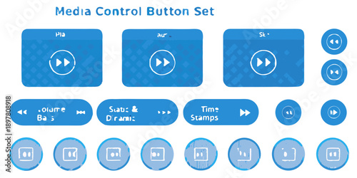 Collection of blue media control buttons with play pause and skip functions