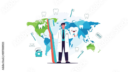 Illustration of a dentist standing confidently in front of a world map with various dental tools and tooth icons floating around him.