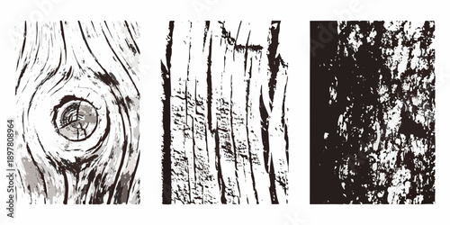 Four vertical panels depicting various wood grain textures in grayscale