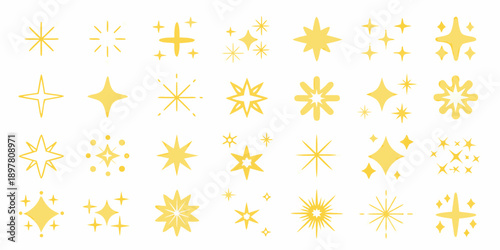 Collection of bright yellow starbursts and sparkles on a white background
