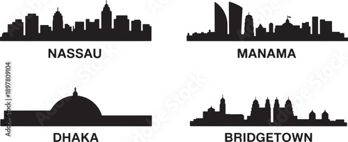 Global capital city skylines silhouettes including Nassau Manama Dhaka and Bridgetown set four
