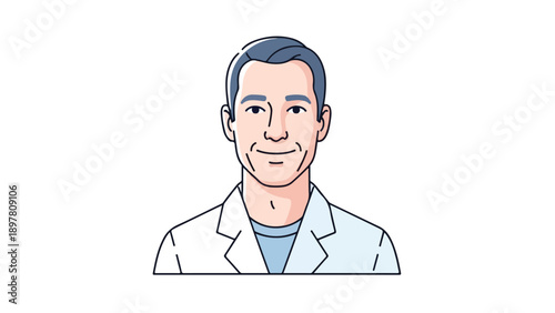 A smiling male dentist wearing a white lab coat against a clean white background in a simple line drawing style.
