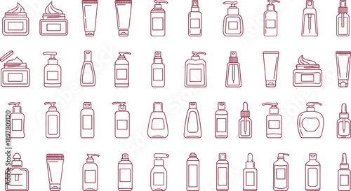 Cosmetic packaging icons, skincare beauty product containers, cream jars, lotion pump bottles, spray tubes, serum droppers, plastic medical bottles,