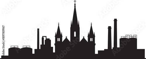 Industrial city skyline silhouette with factory pipes and gothic church buildings vector