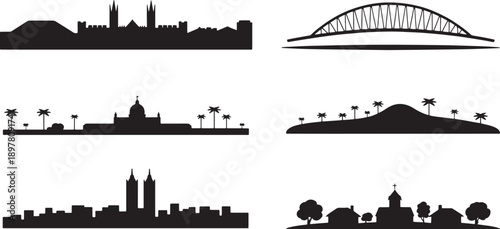 Historic european city, sydney bridge, tropical island, and modern cityscape silhouettes