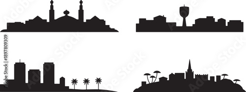 Middle eastern cityscape, modern city with glass, and tropical island town silhouette