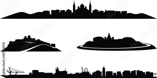 Mountain city skyline, desert town, and industrial port cityscape silhouette collection