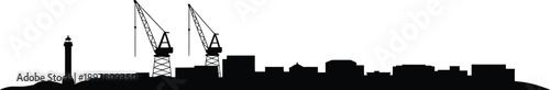Port city skyline silhouette with lighthouse and construction cranes vector illustration