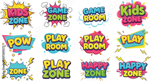 Colorful comic cartoon text stickers with kids zone, game room, play area, and happy zone typography for children design,