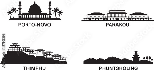 Set of 4 silhouettes african and asian skylines icons collection isolated on transparent background