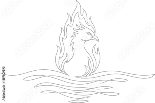 Elegant monochrome line art vector of a phoenix bird emerging from fire, representing strength, transformation, and legendary spirit