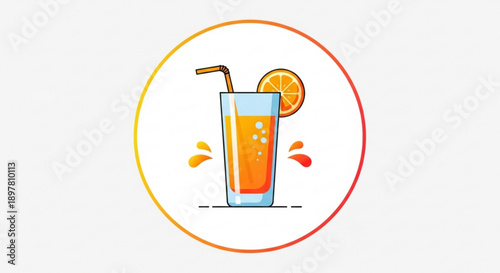 Refreshing orange drink with straw and slice in glass