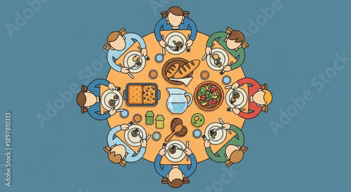 People sitting around a table eating food together in a restaurant setting with various dishes