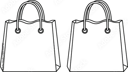 Minimalist vector outline illustration depicting a pair of blank shopping bags, an ideal template for diverse retail, gift, and consumer branding designs