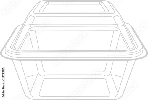 Clear disposable food container with lid, square shape, made of plastic