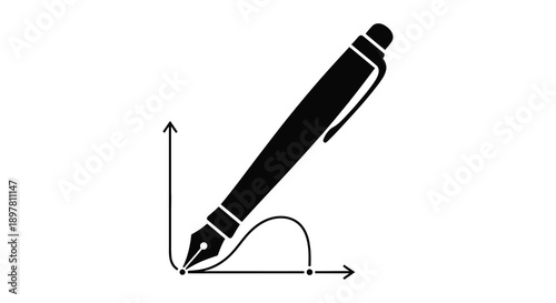 A black fountain pen is depicted drawing a curved line on a coordinate plane symbolizing writing and graphing