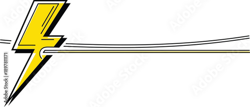 A vibrant yellow lightning bolt with a black outline, signifying energy and power, streaking across the image