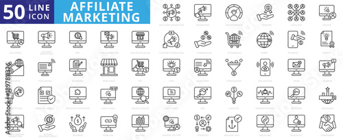 affiliate marketing icon outline pack contains spam, terms of service, browser extension, fake clicks, return on investment, unique visitor, anchor text, commission, pagerank, patent, effort, backlink