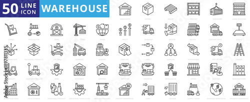 warehouse icon outline pack contains industrial park, large building, perishable product, platform trolley, just in time, loading dock, cold storage, mass production, wholesaler, importer, container