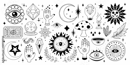 Mystical illustrations eyes moons crystals hands and botanical elements