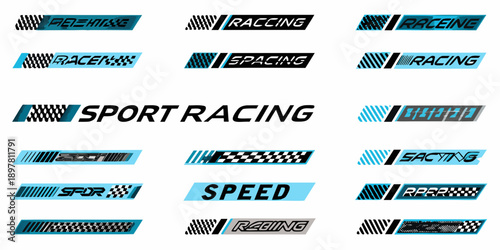 Collection of racing themed logos and typographic designs in blue and white