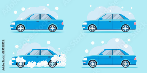 Blue car washing process depicted in four stages with falling snow