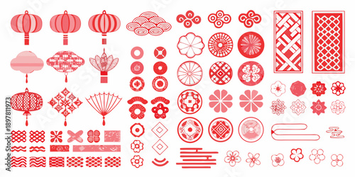 Red chinese new year decorative elements and traditional pattern set