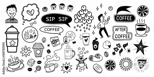 Black and white doodle collection featuring coffee drinks and related items