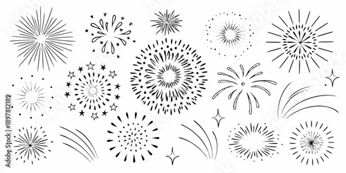 A collection of hand drawn fireworks illustrations in black and white