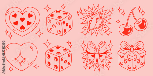 Red line art depicting hearts dice cherries and gift illustrations