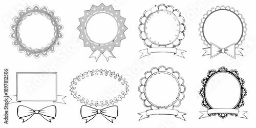 Collection of ornate black and white frames and decorative ribbon banners