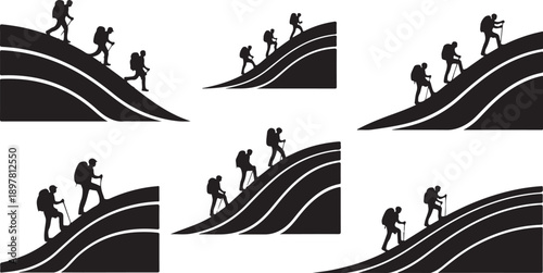 Hikers Climbing Hills in Black Silhouette on White Background