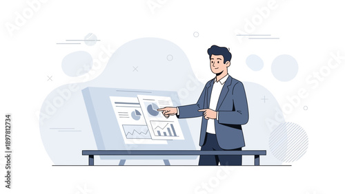 Businessman Presenting Data Charts on Whiteboard