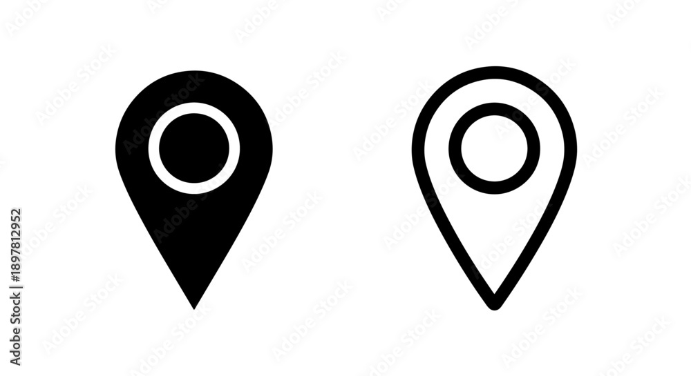 Fototapeta premium Location Pin Icons: Solid Black and Outline Styles for Navigation, Maps, and Geolocation