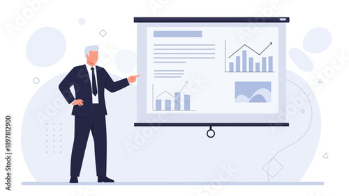 Businessman presenting data on a projection screen with charts and graphs.