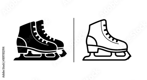 Ice skates icons side profile: filled black and outline, for winter sports and figure skating.