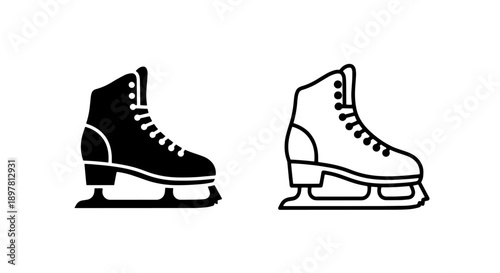 Ice skates icons with laces: solid black and outline, for winter sports and figure skating.