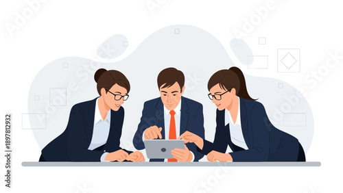 Business team meeting, collaboration, digital tablet, modern office illustration