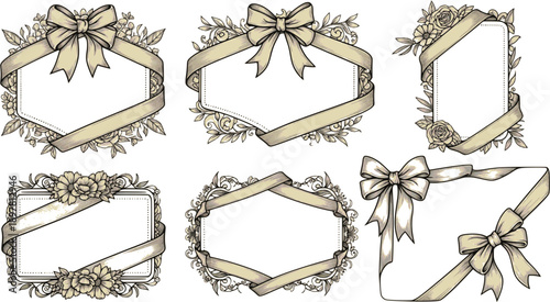 Set of hand drawn frames with ribbon and bow in romantic styles for greeting cards, wedding invitations, Valentines Day designs, packaging, scrapbooking, event printable stationery Vector illustration