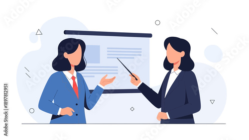 Businesswomen presenting on projector screen, communication and teamwork in office