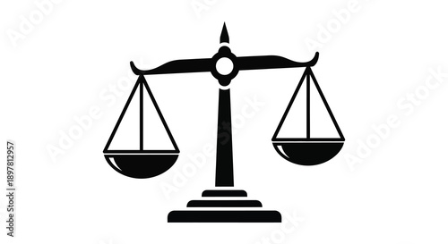 A simple black and white illustration depicts a traditional balance scale symbolizing justice and fairness high quality professional
