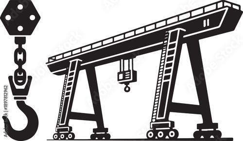 Black and white illustration of an overhead gantry crane with a hook