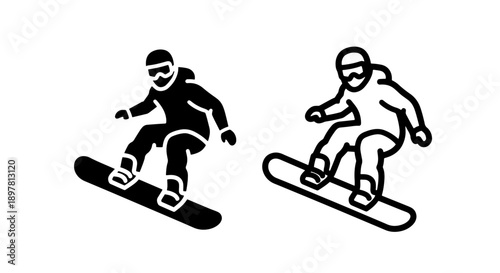 Black and white snowboarder icon, solid and outline, for winter sports