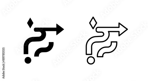 Black and white icons representing a question and a path forward, for decision making