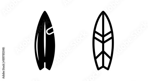 Black and white surfboard icon, solid and outline, for surfing and beach sports