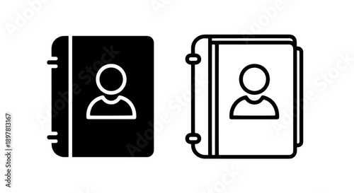 Black and white contact book icon, solid and outline, for contacts and address book
