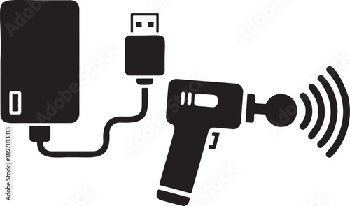 Black and white illustration of a massage gun charger and wireless signal
